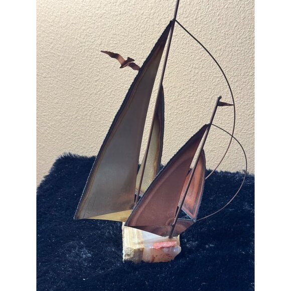 Vintage Copper & Brass Sailing Boat Sculpture With Marble Base - Picture 7 of 9